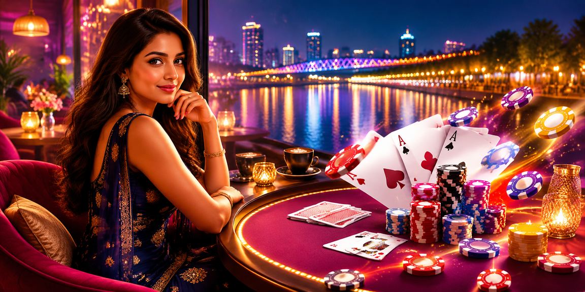 Indian player enjoying Teen Patti card game in Ahmedabad riverfront setting